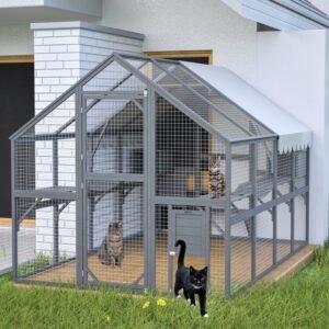 Extra Spacious Catio Outdoor Cat Haven, 110 Inch Luxury Cattery With Weather-Resistant Roof, Cat Climbing Ramp, Space Pod Bed, 2 Lounging Huts