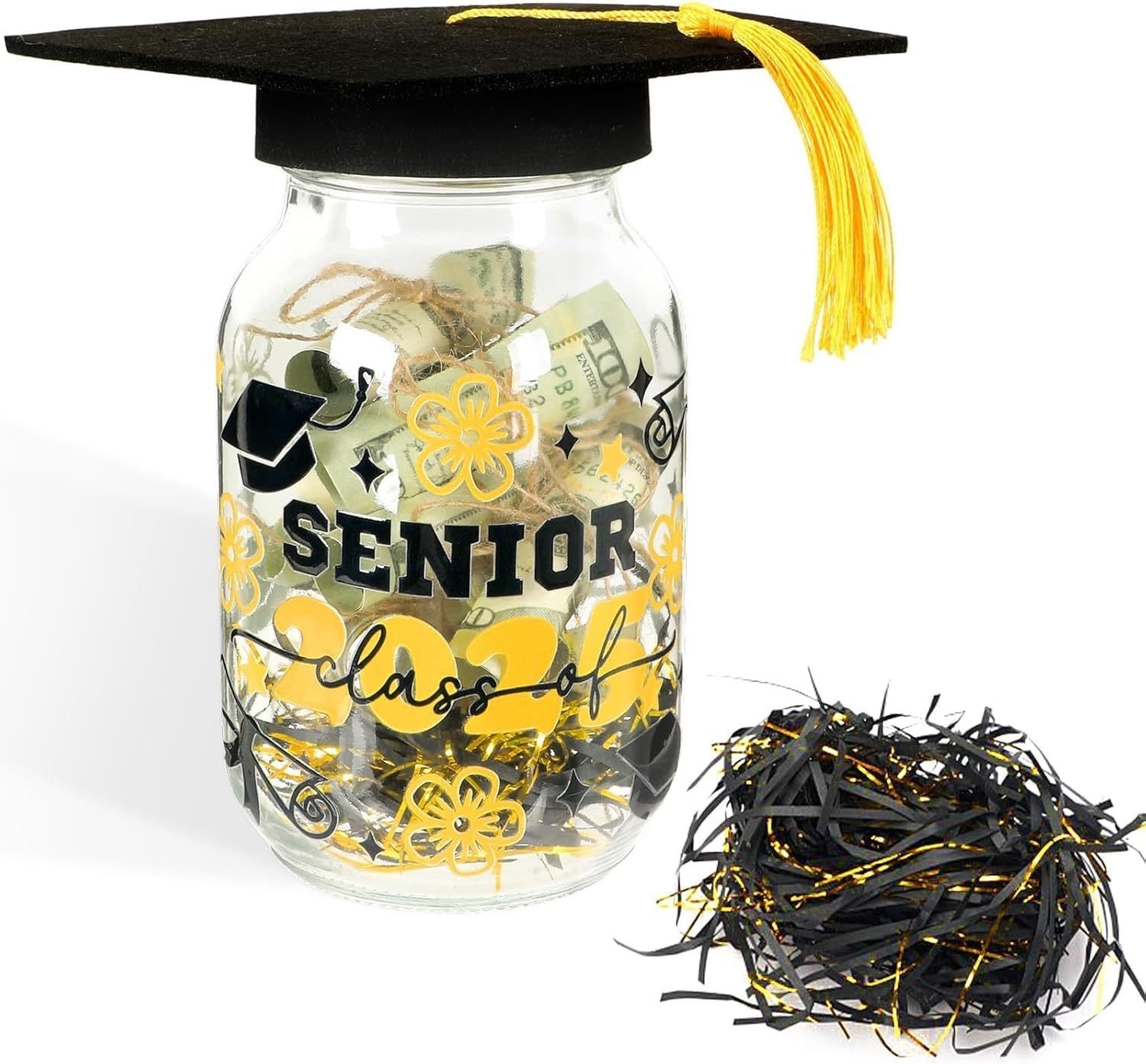 Graduation Gifts 2025, Graduation Cap Money Holder Graduation Mason Jar Decorations With Graduation Cap And Raffia Personalized Graduation Party Favors Centerpieces With Class Of 2025 Stickers Gifts - Image 6