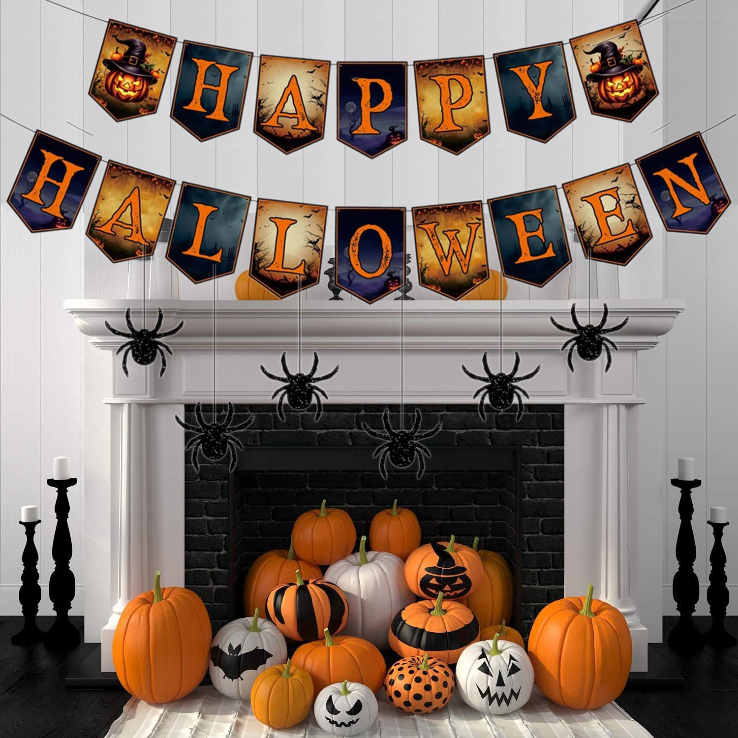 2 Packs Happy Halloween Banner Spider Ornament With Black Rope Trick Or Treat Banner Bunting Flag For Halloween Trick Or Treat Theme Party For Fireplace Wall Decorations Supplies - Image 3