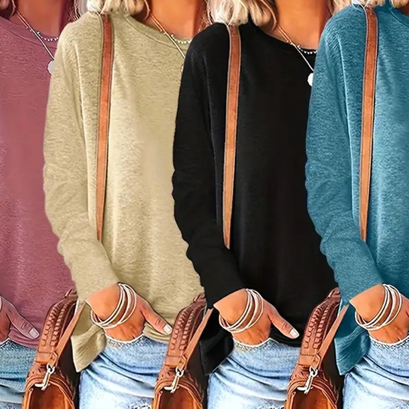 4 Pack Women's Solid Color Casual Set Round Neck Long Sleeve Tops For Spring&Fall - Image 6