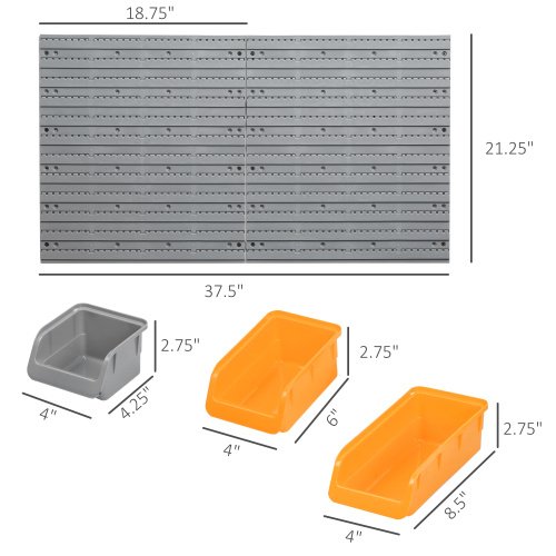 DURHAND 44 Piece Wall Mounted Pegboard Tool Organizer Rack Kit With Various Sized Storage Bins, Pegboard, & Hooks, Orange - Image 2