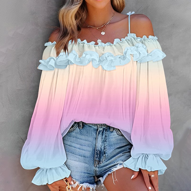 Women's Sexy Off Shoulder Ruffle Trendy Summer Fashion Color Gradient Long Sleeve Blouse - Image 10