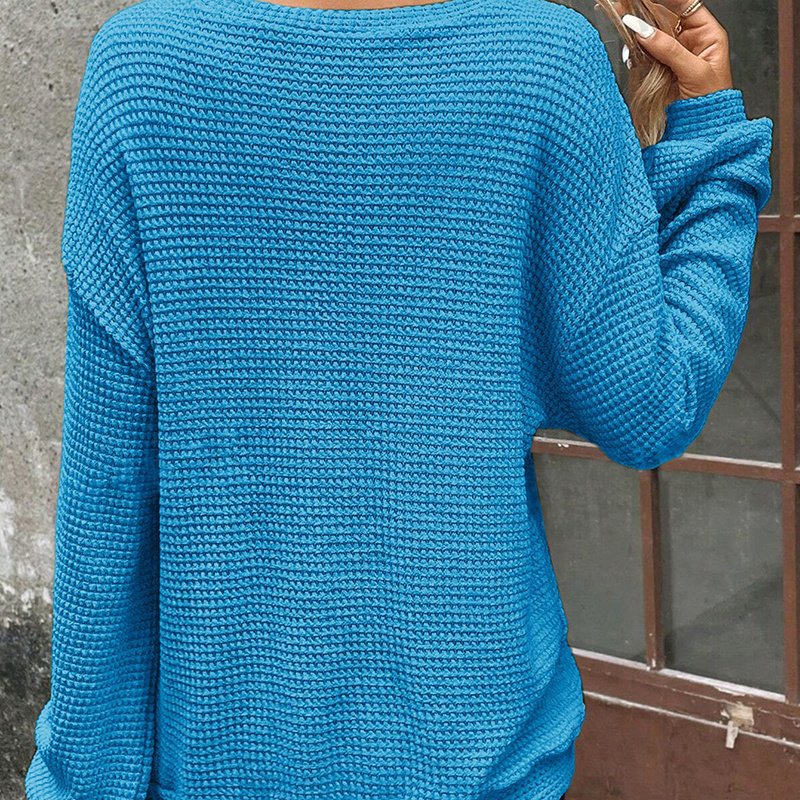 Plus Size Women's Waffle Knit Round Neck Drop Shoulder Long Sleeve Top - Casual Loungewear - Image 3