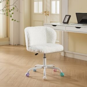 A&A Furniture Office Chair,Artificial Rabbit Hair Home Office Chair With Metal Base,Adjustable Desk Chair Swivel Office Chair,Vanity Chair Ivory