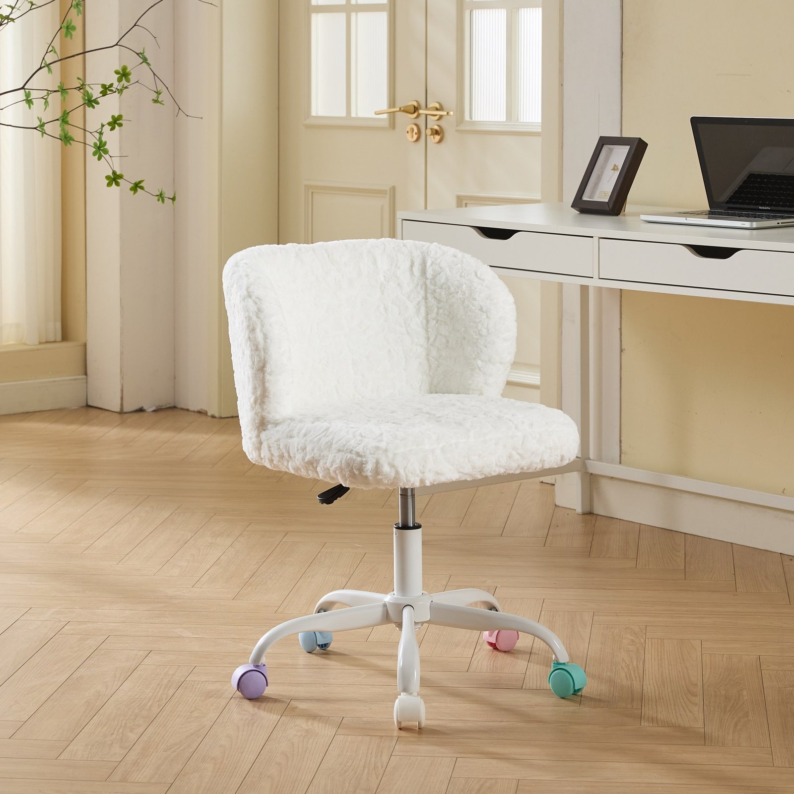 A&A Furniture Office Chair,Artificial Rabbit Hair Home Office Chair With Metal Base,Adjustable Desk Chair Swivel Office Chair,Vanity Chair Ivory