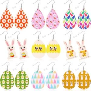 9 Pairs Easter Faux Leather Earrings For Women Lightweight Leaf Long Dangle Teardrop Earrings For Easter Egg Hunt Party Supplies Easter Dress Up