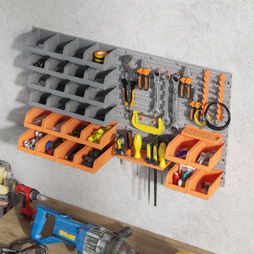 DURHAND 44 Piece Wall Mounted Pegboard Tool Organizer Rack Kit With Various Sized Storage Bins, Pegboard, & Hooks, Orange - Image 10