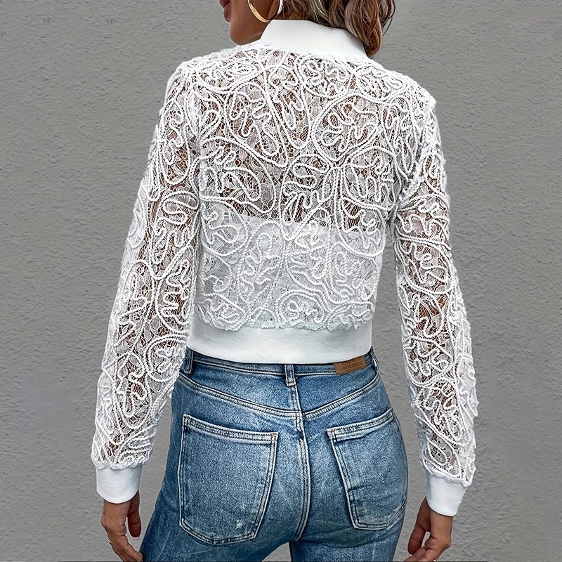 Women's Elegant Lace Short Zip-Up Long Sleeve Jacket For Formal & Everyday Outfits Spring Fall Top - Image 5
