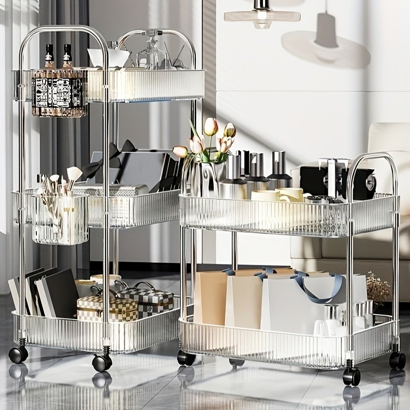 Modern Storage Three-Tier Acrylic Cosmetic Cart With Wheels - Transparent Bathroom And Living Room Storage, Portable Cosmetic Storage Box - Image 3