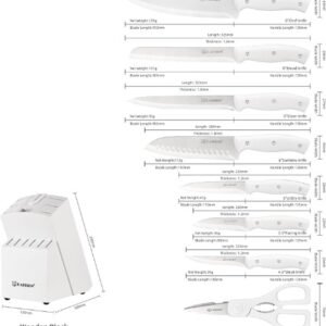 15-Piece White Kitchen Knife Set With Built-in Sharpening Stone, Ergonomic Triple Rivet Fixed Handles, Dishwasher Safe