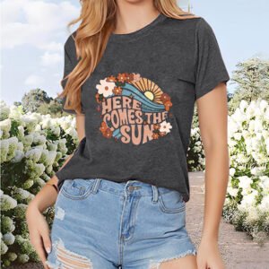 Women's Letter Floral Geometric Print Short Sleeve T-Shirt - Casual Round Neck Summer Top