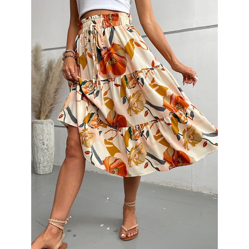 Women's Floral Tiered Midi Skirt Elastic Waist Dressy Casual A-line Flowy Boho Skirts - Image 6