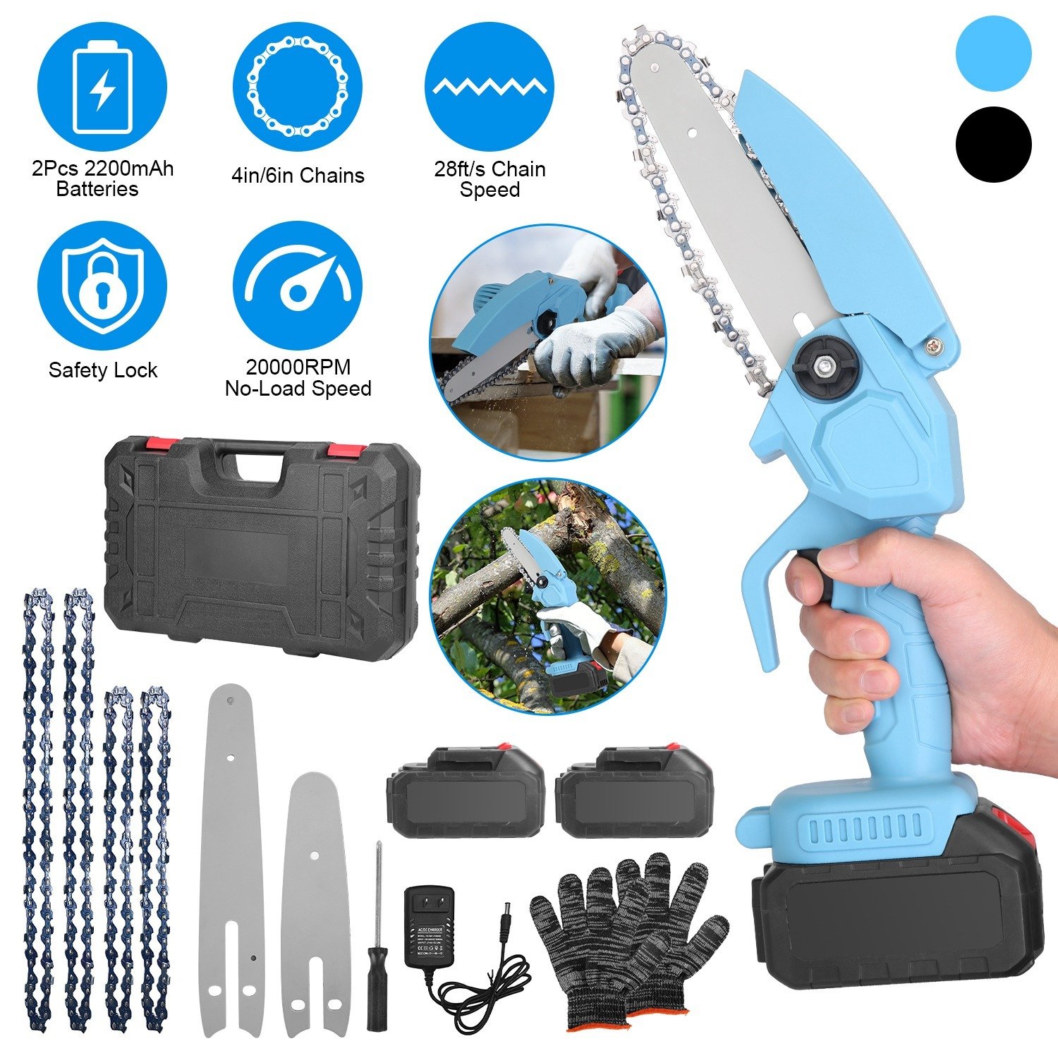 1Pc Electric Mini Chainsaw1Pc Portable Handheld Cordless Small Chain Saw Battery Powered With 2Pcs 2200mAh Rechargeable Batteries 4in Or 6in Chains For Pruning Trees Wood Cutting