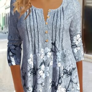 Spring And Autumn Casual Print Spike Button Crew Neck Long Sleeve T-shirt