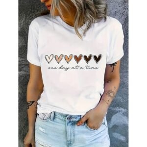 Women Funny Letter Print Love Heart Graphic Tees Casual Short Sleeve Shirts Top