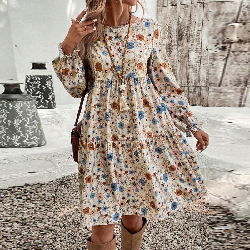 Women's Floral Print Boho Dress, Round Neck Smocked Cuff Sleeve Midi Dress With Patchwork Design For Spring And Fall - Image 4