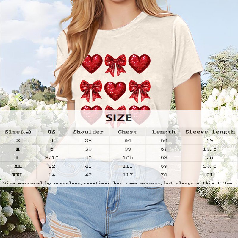Women's Round Neck Short Sleeve T-Shirt With Bow & Heart Print, Casual Summer Top - Image 4