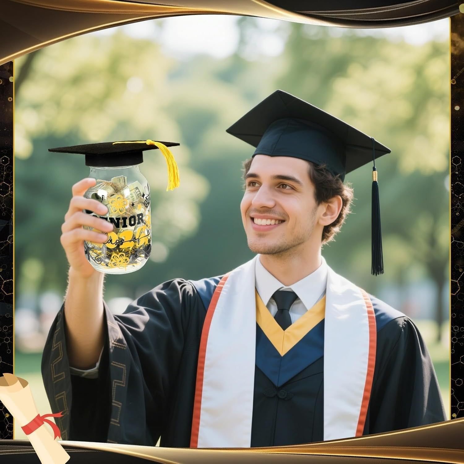 Graduation Gifts 2025, Graduation Cap Money Holder Graduation Mason Jar Decorations With Graduation Cap And Raffia Personalized Graduation Party Favors Centerpieces With Class Of 2025 Stickers Gifts