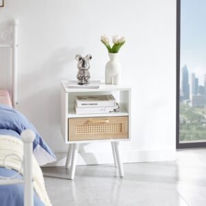 15.75 Rattan End Table W  Drawer  Solid Wood Legs, Modern Nightstand