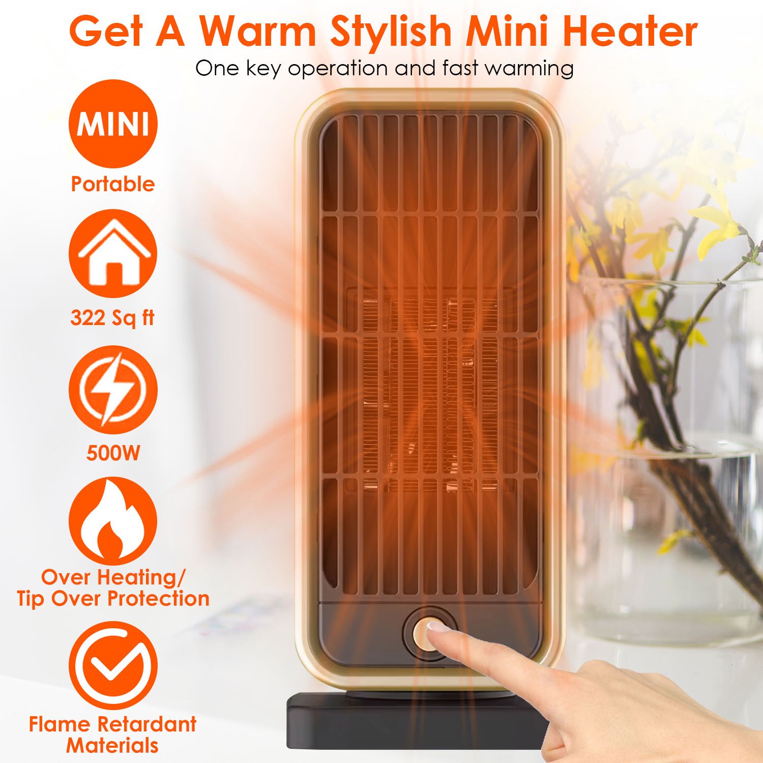 1Pc 500W Portable Electric Heater PTC Ceramic Heating Space Heater Overheating Tip Over Protection 3S Heating Space For 322 Sq FT Home Office Use - Image 4