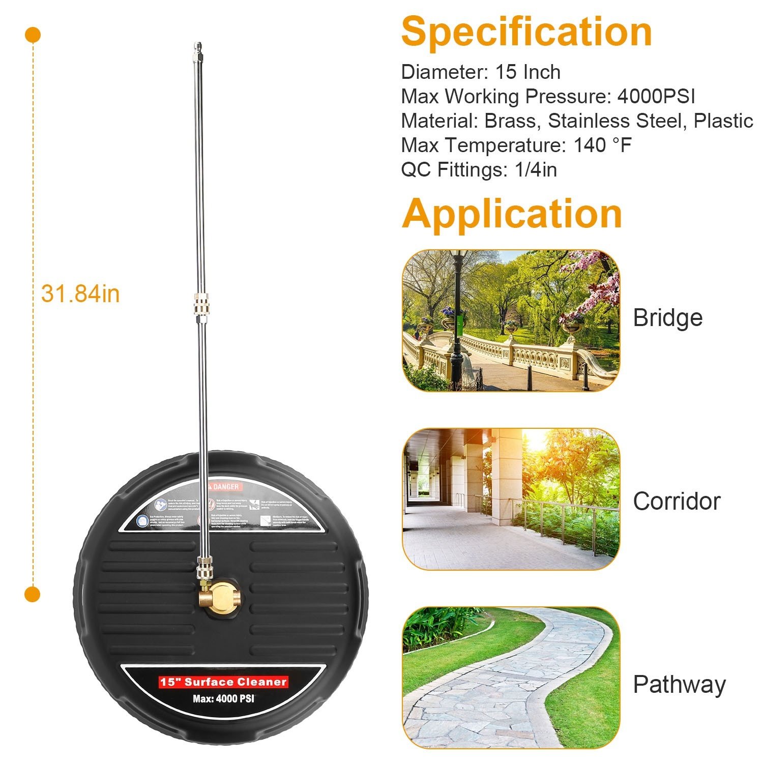 1 Set 15in High Pressure Flat Surface Cleaner 4000PSI Disc Power Washer Broom With 2 Washer Extension Wands 2Pc Replacement Nozzles - Image 3