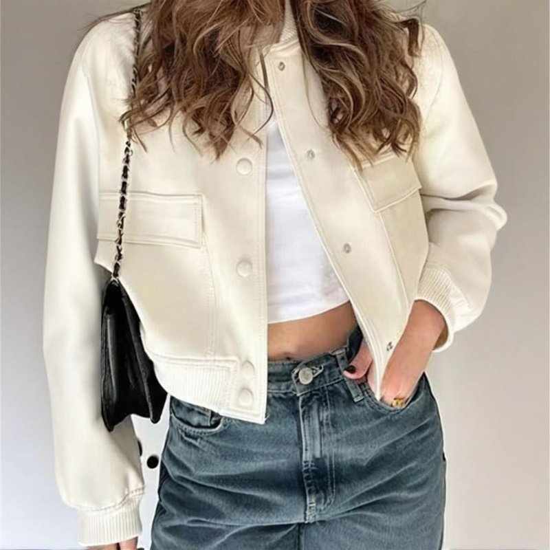 Women's Solid Color Long Sleeve Baseball Jacket With Button Front & Pockets - Casual Short Jacket For Spring&Fall
