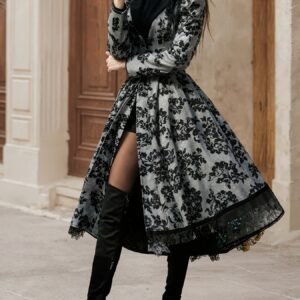 2025 New Women's Evening Dress, Lace Decoration, Collar, Flower Print Press, Long Sleeve, Dance Dress