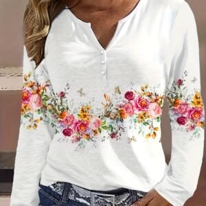 Spring And Autumn New Style White Buttoned Rose Print Long Sleeve T-shirt Casual Top