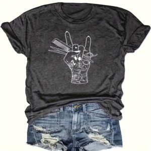 Women's Hand & Floral Print Crew Neck T-shirt, Casual Short Sleeve Top For Spring & Summer