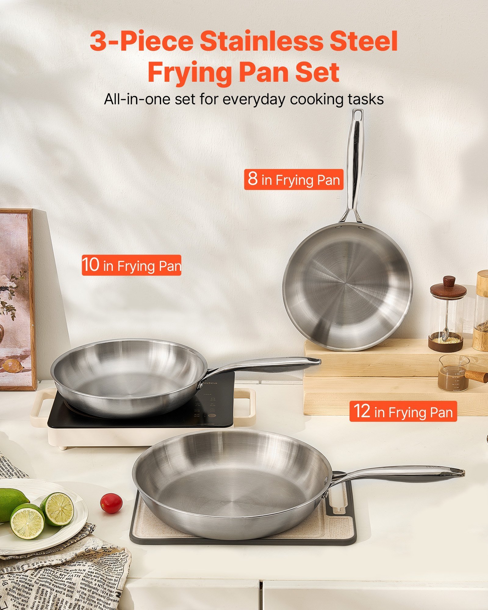 Triply Stainless Steel Frying Pan 3 Pcs Skillet 8 10 12 In For Dishwasher Silver - Image 2