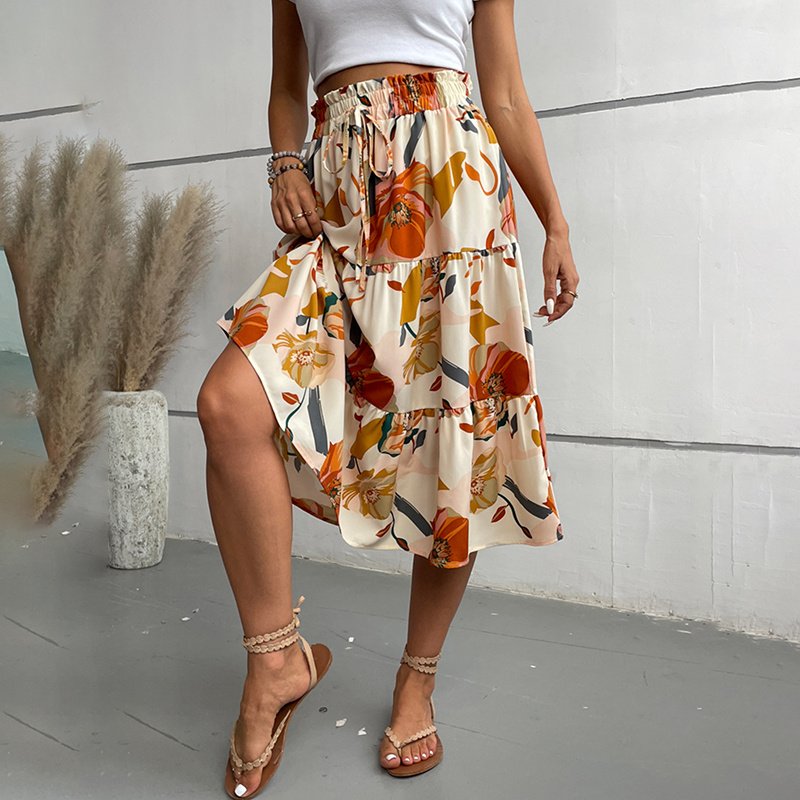 Women's Floral Tiered Midi Skirt Elastic Waist Dressy Casual A-line Flowy Boho Skirts - Image 7