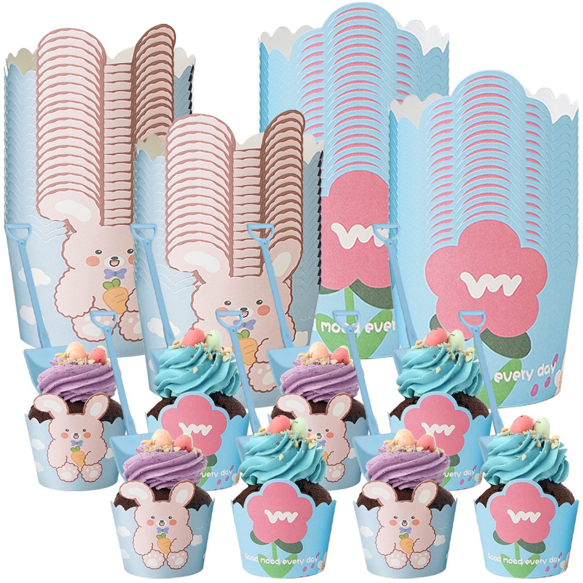 Paper Baking Cups Cupcake Liners With Blue Plastic Spoons