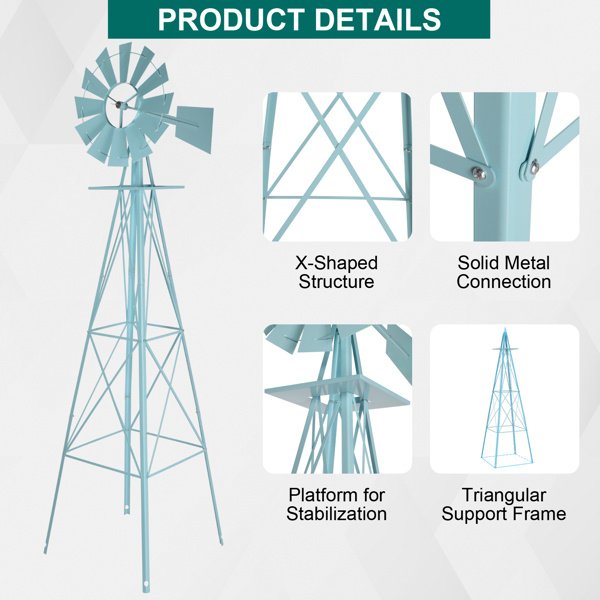 8ft Light Blue Ribbon Wind Vane, 4-pod Standing Iron Windmill - Image 9