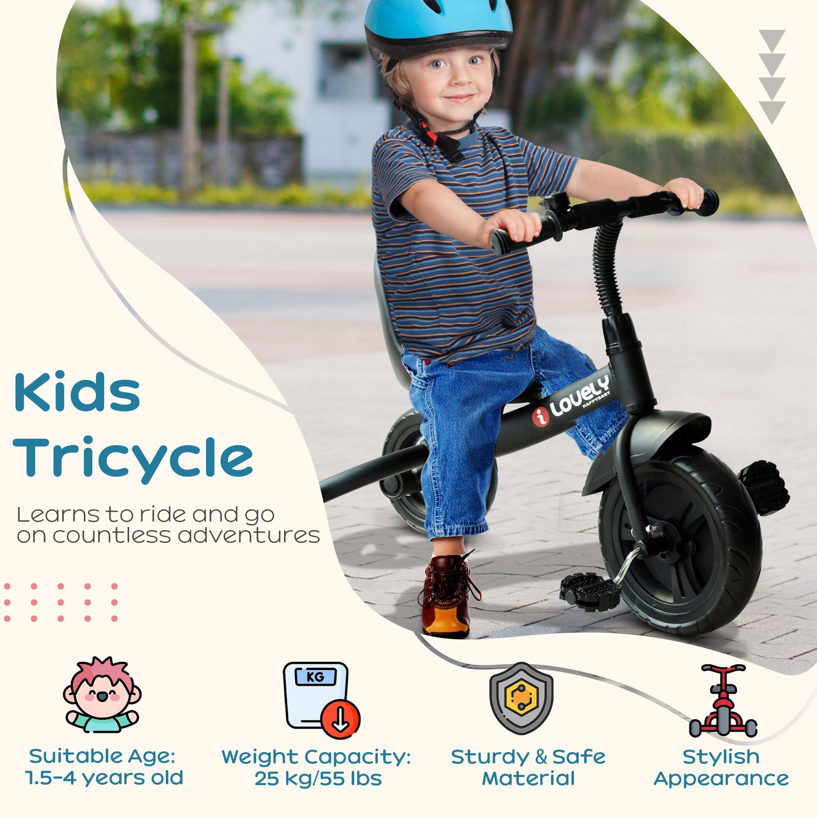 3-Wheel Indoor Outdoor Toddler Tricycle With Bell For Recreation Ride-On Black Com - Image 7