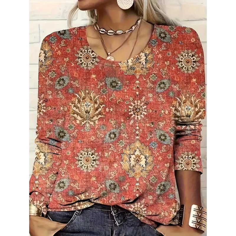 Womens Trendy Long Sleeve Tee Shirts Casual Loose Geometric Print Fall Tops