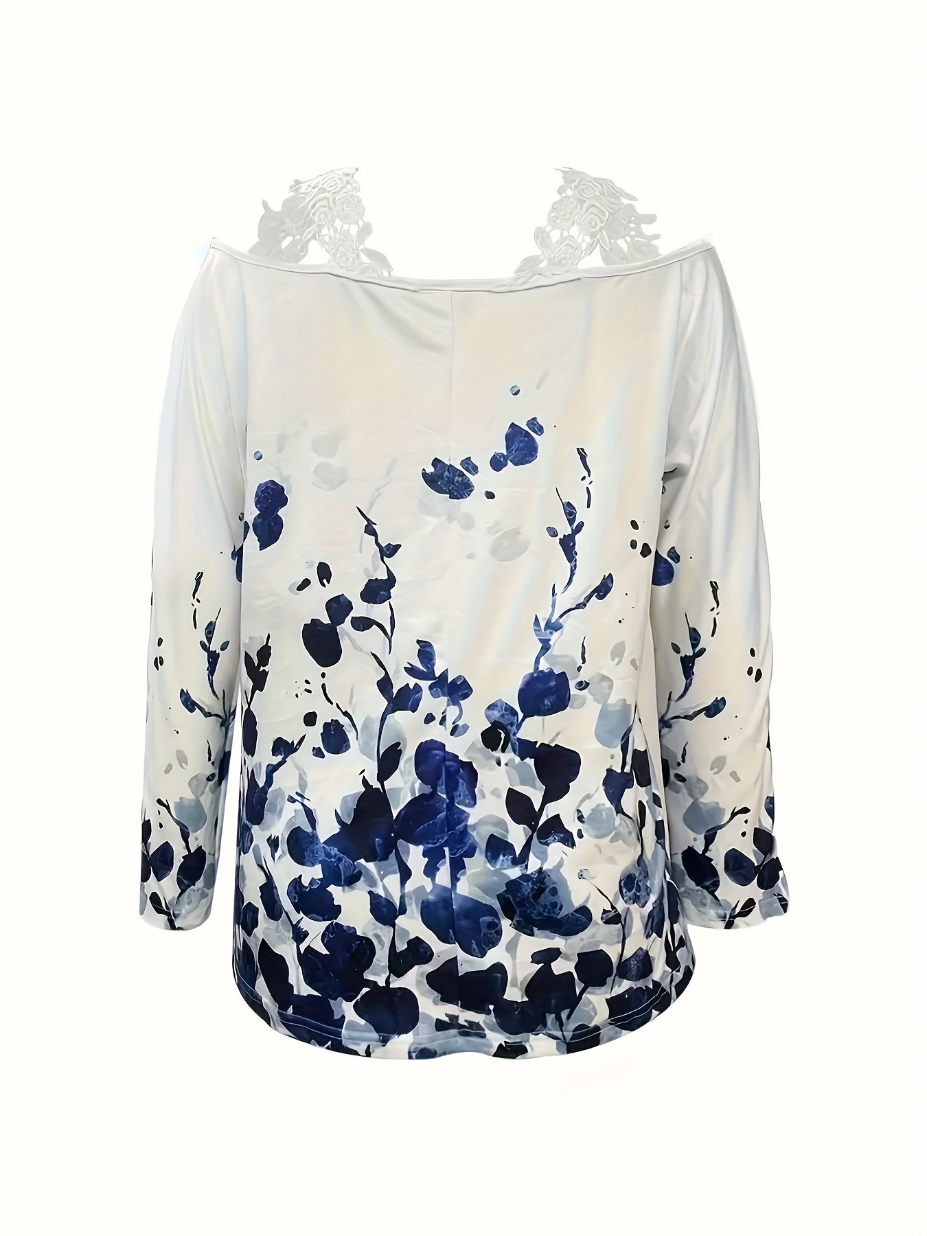 Spring And Autumn New Casual Plant Print Lace Trim Off-shoulder Long Sleeve Top - Image 3