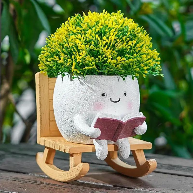 2 Pieces Of Cute Character Reading Rocking Chair Resin Flower Pots Indoor And Outdoor Plant Decoration Vase Home Flower Gift - Image 5