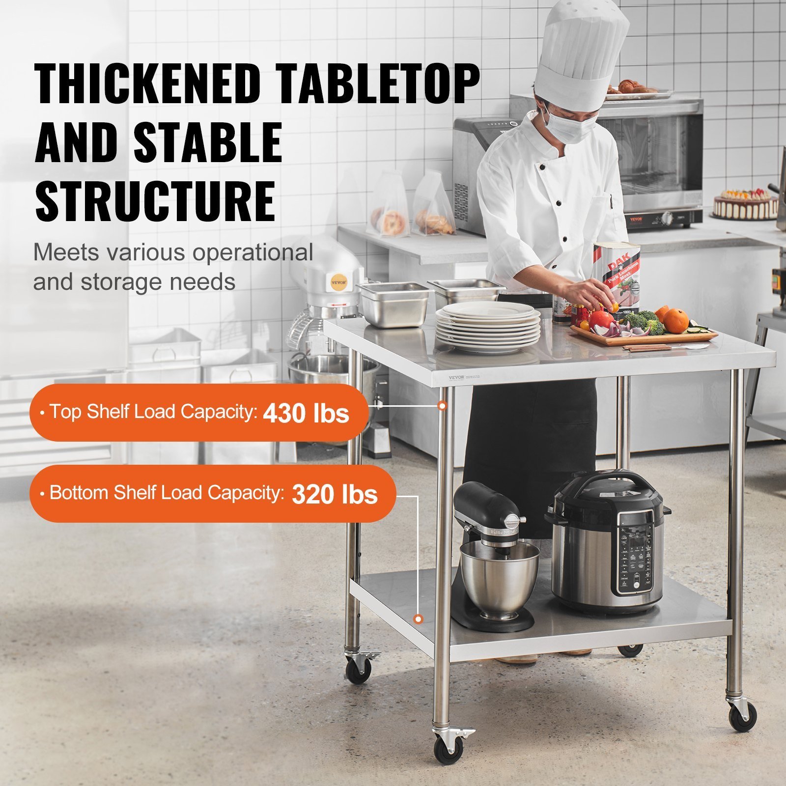 Stainless Steel Work Table 24 X 36 X 38 Inch, With 4 Wheels, 3 Adjustable Height Levels, Heavy Duty Food Prep Worktable For Commercial Kitchen Restaurant, Silver - Image 3