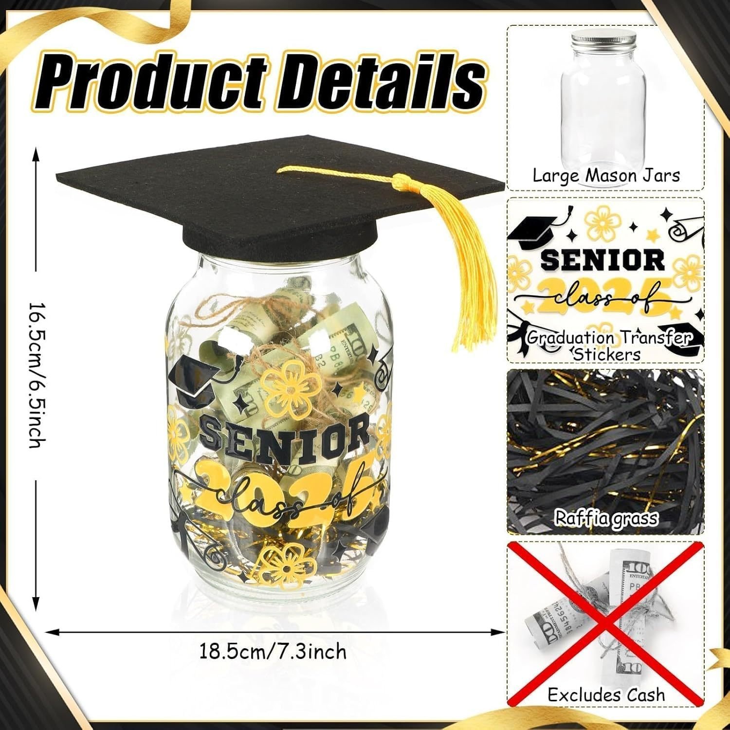 Graduation Gifts 2025, Graduation Cap Money Holder Graduation Mason Jar Decorations With Graduation Cap And Raffia Personalized Graduation Party Favors Centerpieces With Class Of 2025 Stickers Gifts - Image 3
