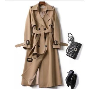 Women's Classic Trench Coat, Solid Color Long Sleeve Belted Mid-Length Jacket With Button Detail For Spring And Fall