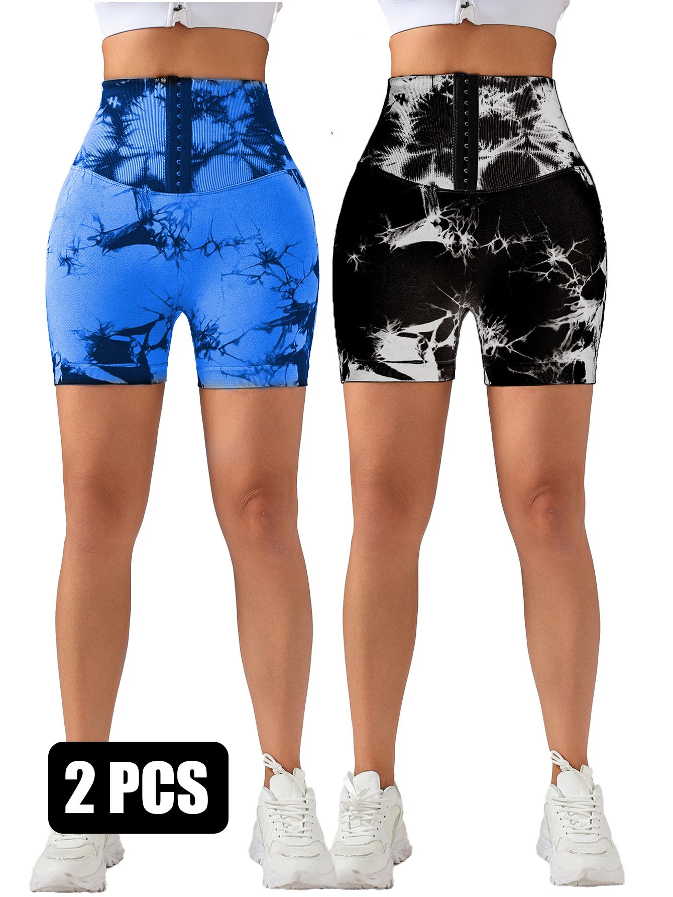 2 Pack 3-ROW HOOK Seamless Sexy Tie Dye Shorts Scrunch Butt Lifting Tummy Control High Waist Quick Drying Sports Yoga Shorts - Image 2