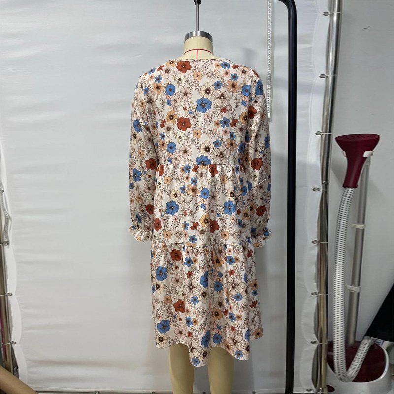 Women's Floral Print Boho Dress, Round Neck Smocked Cuff Sleeve Midi Dress With Patchwork Design For Spring And Fall - Image 9