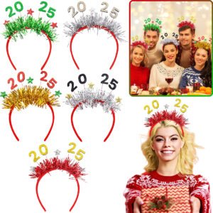 5 Packs Christmas Headbands 2025 New Year Hairband Xmas Glitter Hair HoopTinsel Hair Accessories For Christmas New Year Party Celebration Headdress Decorations