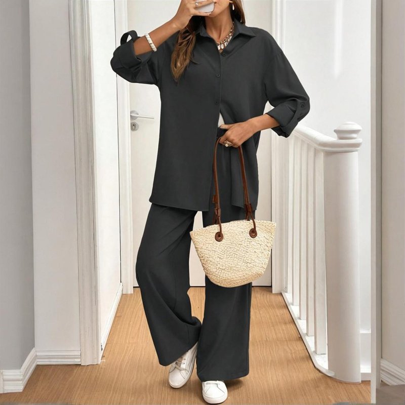 Women's Solid Color Shirt & Pants Set - Long Sleeve Button-Down Top With Elastic Waist Straight Pants Minimalist Casual Outfit - Image 2
