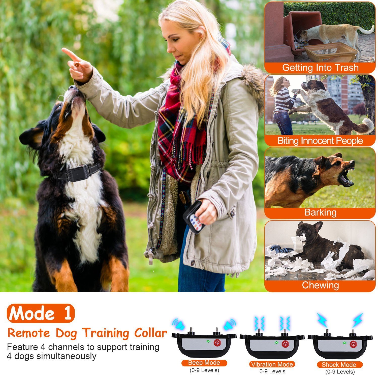 1Set 990FT Range Dog Wireless Fence Remote Training Collar IPX6 Waterproof Receiver With 0-9 Levels Beep Vibration Shock Mode 4 Channels Rechargeable Transmitter System - Image 8