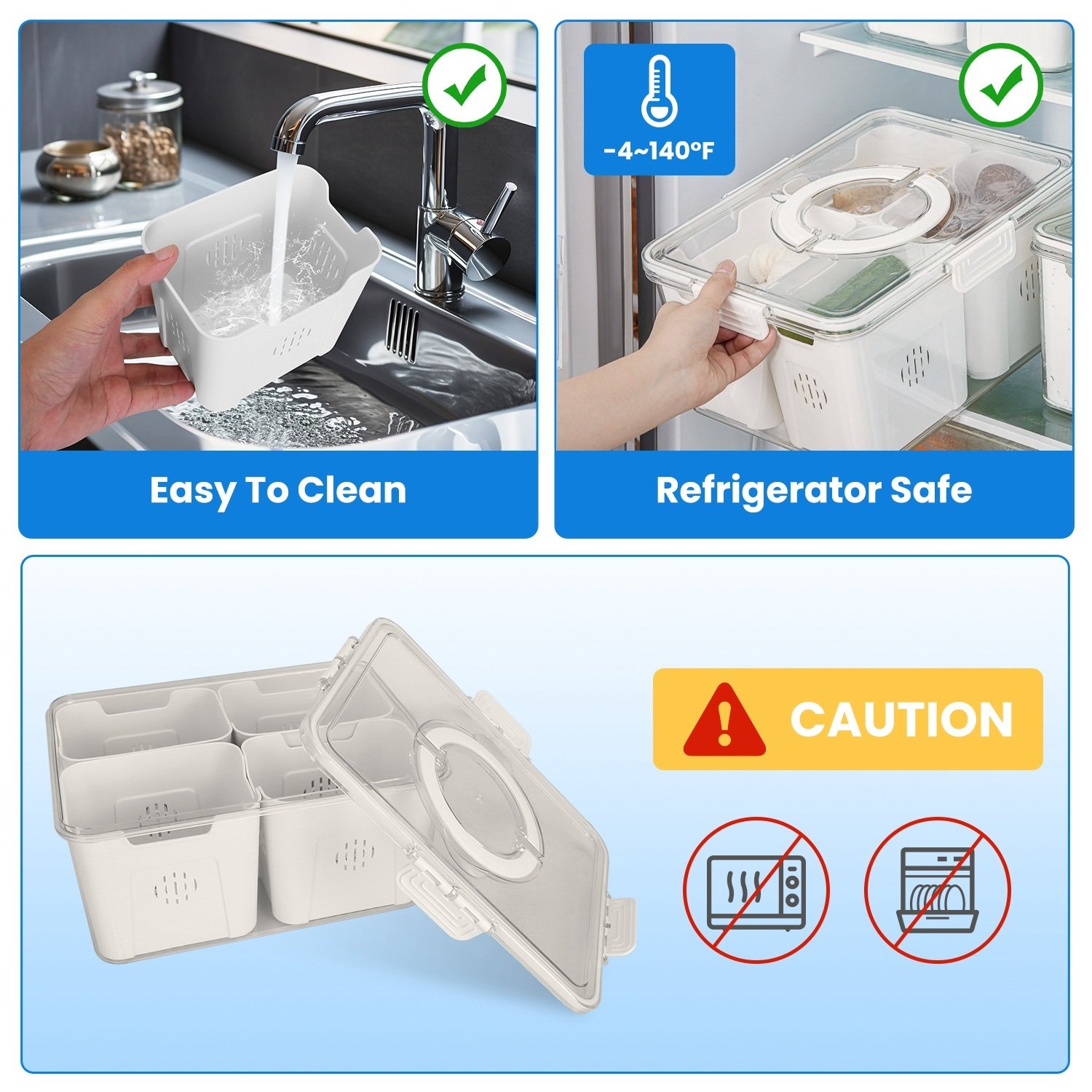 2Pack Airtight Fruit Storage Containers 4 Compartment Food Storage Containers Fruit Vegetable Organizers With 8 Removable Colanders For Fridge Picnic - Image 7