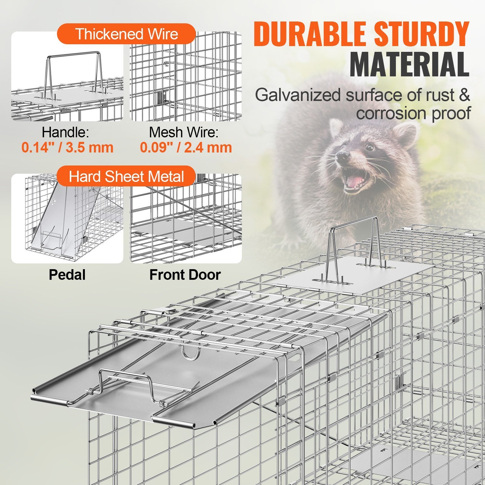 Live Animal Cage Trap, 31" X 10" X 12" Humane Cat Trap Galvanized Iron, Folding Animal Trap With Handle For Rabbits, Stray Cats, Squirrels, Raccoons, Groundhogs And Opossums - Image 4