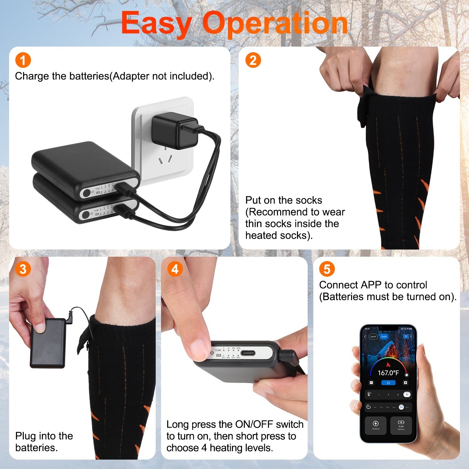 2 Types Options -- 1 Pair Of Heated Socks For Men Women Electric Heating Socks With APP Control 5000mAh Battery Rechargeable Thermal Socks Winter Warm Socks For Skiing Hiking Camping Hunting - Image 7