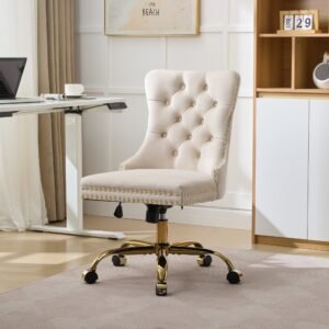 A&A Furniture Office Chair,Modern Velvet Upholstered Tufted Button Home Office Chair With Golden Metal Base,Adjustable Desk Chair Swivel Office Chair Beige