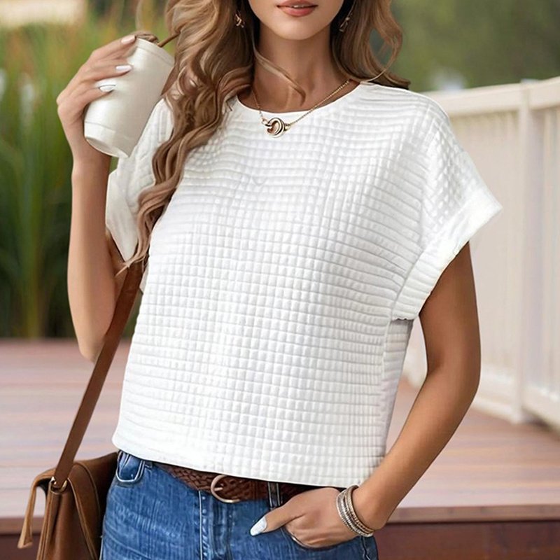 Women's Solid Color Round Neck Short Sleeve Top - Textured Cuff Detail Comfortable Summer Casual Tee - Image 2
